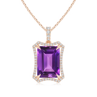 14x10mm AAAA Floating Emerald-Cut Amethyst Dangle Pendant with Diamonds in 9K Rose Gold
