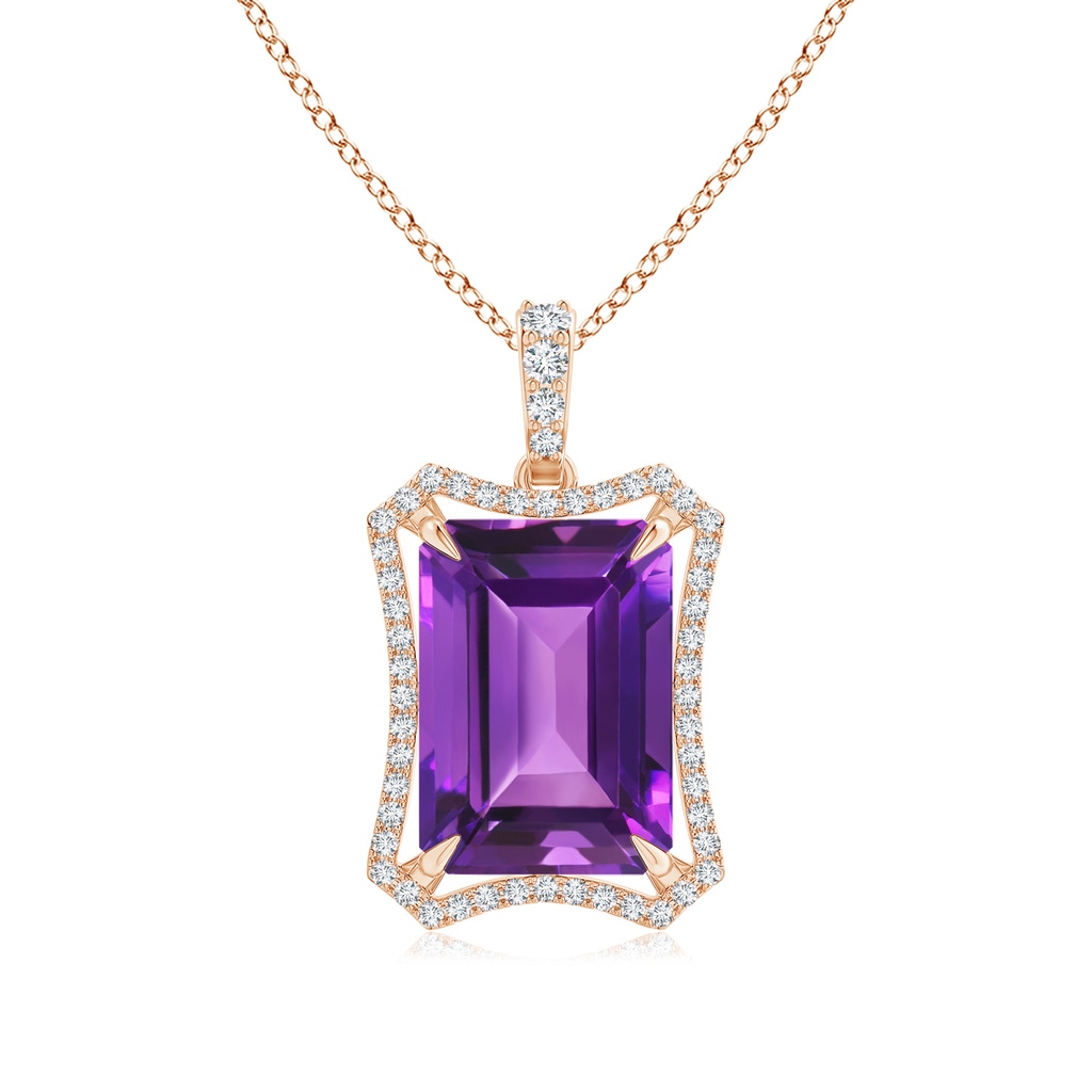 14x10mm AAAA Floating Emerald-Cut Amethyst Dangle Pendant with Diamonds in Rose Gold