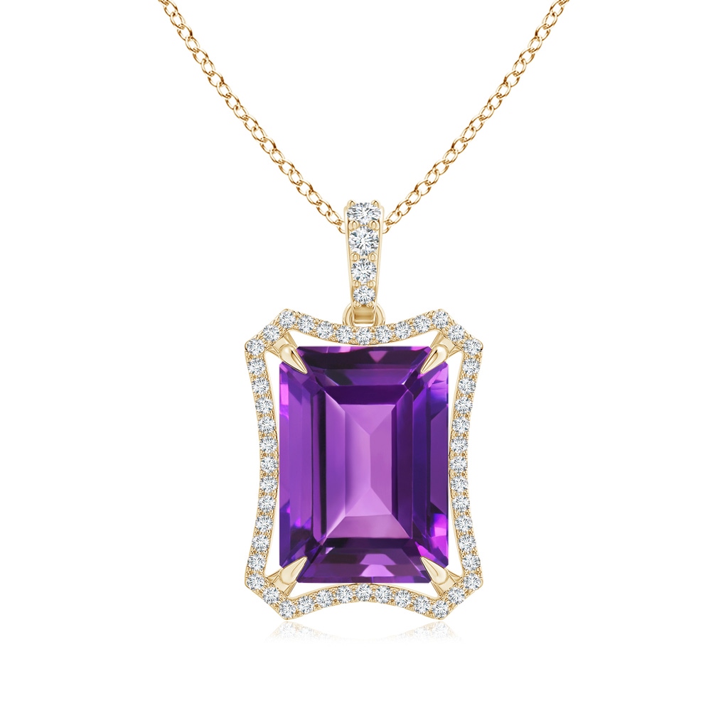 14x10mm AAAA Floating Emerald-Cut Amethyst Dangle Pendant with Diamonds in Yellow Gold 