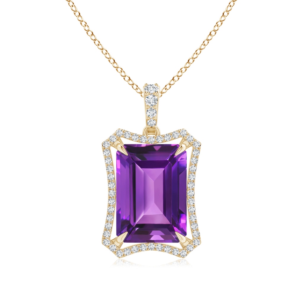 14x10mm AAAA Floating Emerald-Cut Amethyst Dangle Pendant with Diamonds in Yellow Gold