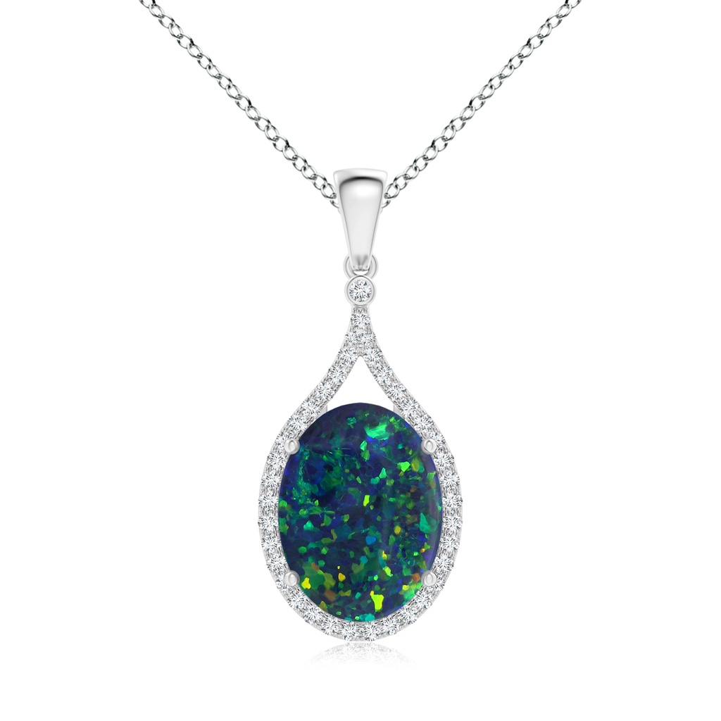 16.00x11.50x3.62mm AAAA GIA Certified Oval Black Opal Loop Pendant with Diamond Halo in 18K White Gold
