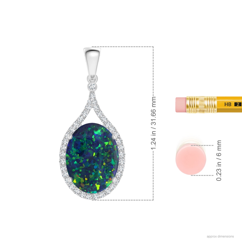 16.00x11.50x3.62mm AAAA GIA Certified Oval Black Opal Loop Pendant with Diamond Halo in 18K White Gold ruler