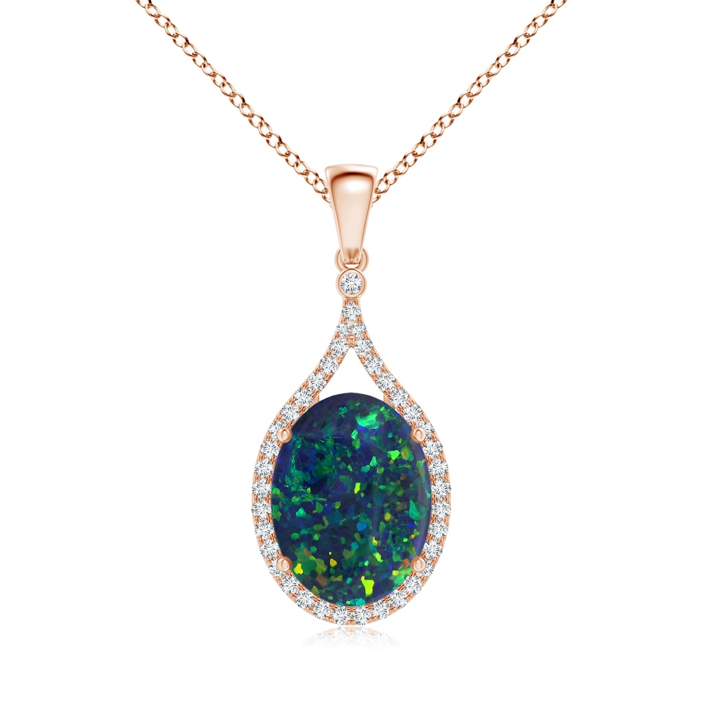 16.00x11.50x3.62mm AAAA GIA Certified Oval Black Opal Loop Pendant with Diamond Halo in Rose Gold