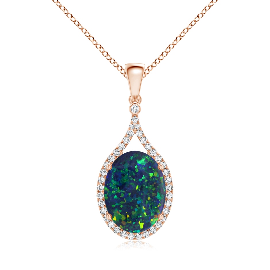 16.00x11.50x3.62mm AAAA GIA Certified Oval Black Opal Loop Pendant with Diamond Halo in Rose Gold 