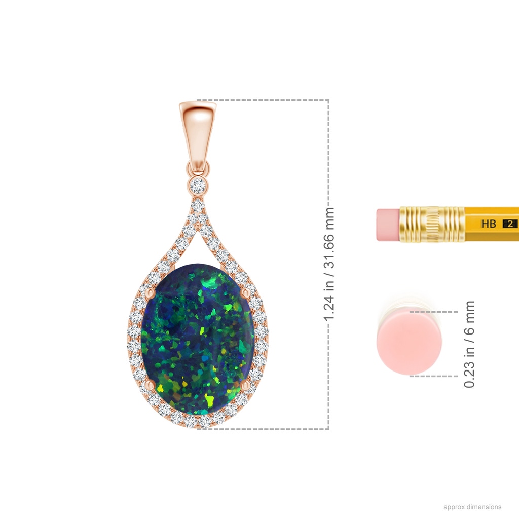 16.00x11.50x3.62mm AAAA GIA Certified Oval Black Opal Loop Pendant with Diamond Halo in Rose Gold ruler