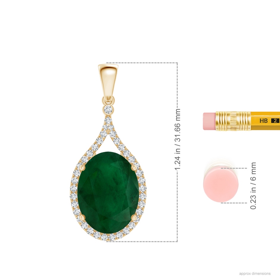 15.67x12.43x7.82mm AA GIA Certified Oval Emerald Loop Pendant with Diamond Halo in Yellow Gold ruler