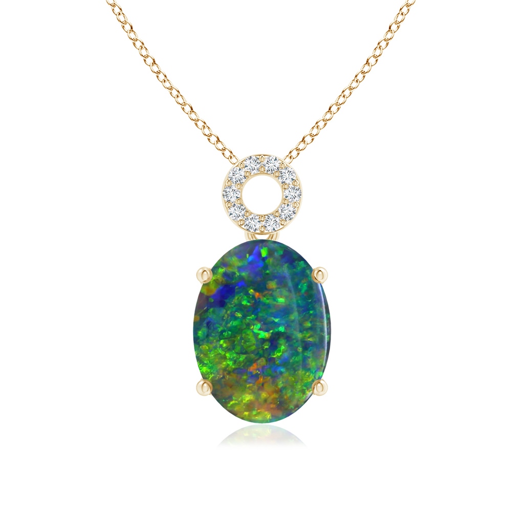 15.95x10.60x4.23mm AAAA GIA Certified Oval Black Opal Pendant with Circular Bale in Yellow Gold