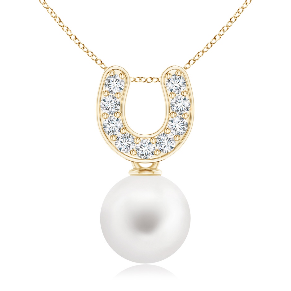 8mm AA Freshwater Pearl Horseshoe Pendant with Diamonds in Yellow Gold 