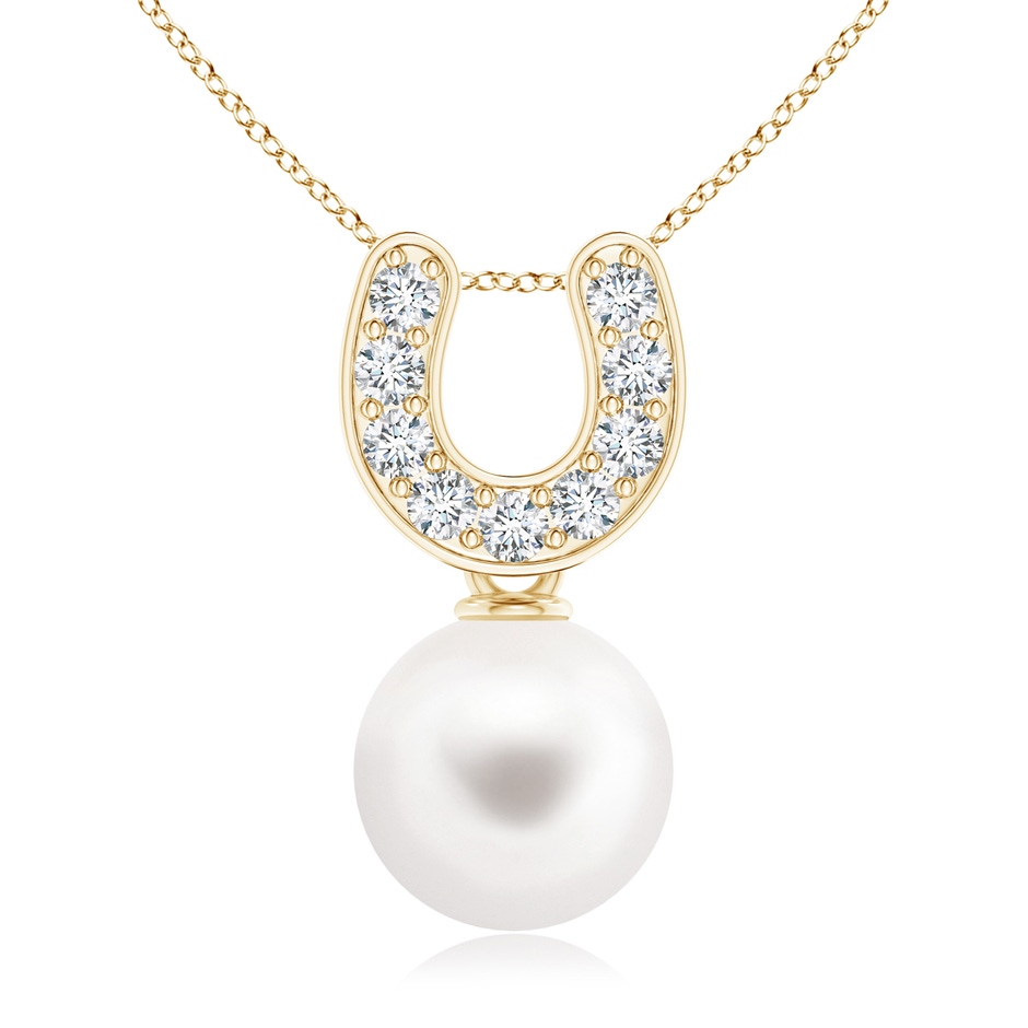 8mm AAA Freshwater Pearl Horseshoe Pendant with Diamonds in Yellow Gold 