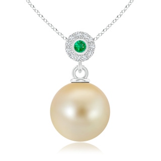 10mm AAA Golden South Sea Cultured Pearl Halo Pendant with Emerald in White Gold