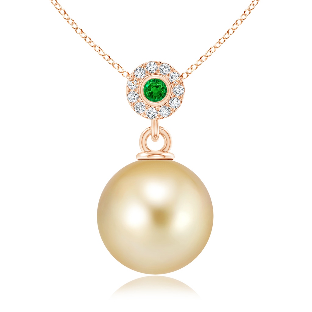 10mm AAAA Golden South Sea Cultured Pearl Halo Pendant with Emerald in Rose Gold