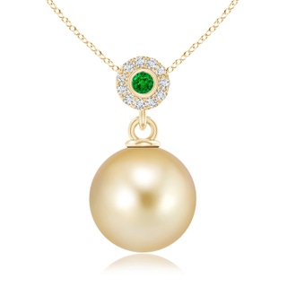 10mm AAAA Golden South Sea Cultured Pearl Halo Pendant with Emerald in Yellow Gold