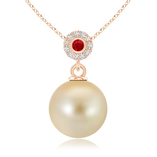 10mm AAA Golden South Sea Pearl Halo Pendant with Ruby in 10K Rose Gold