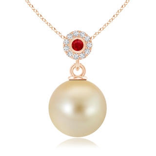 10mm AAA Golden South Sea Pearl Halo Pendant with Ruby in Rose Gold
