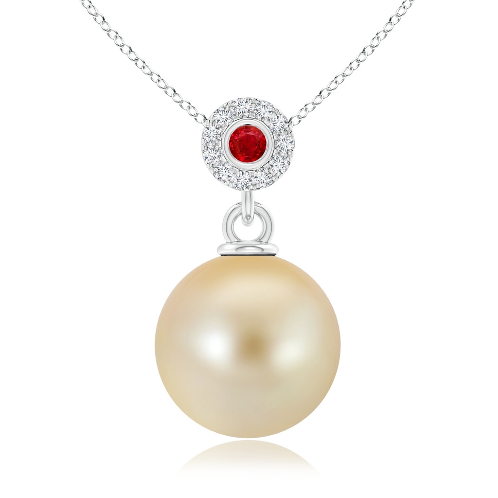 10mm AAA Golden South Sea Pearl Halo Pendant with Ruby in White Gold