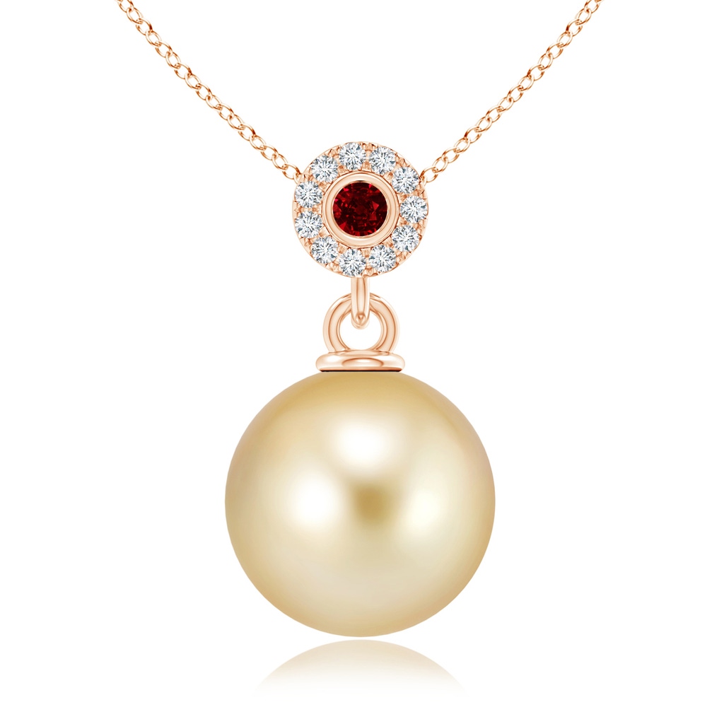10mm AAAA Golden South Sea Pearl Halo Pendant with Ruby in Rose Gold