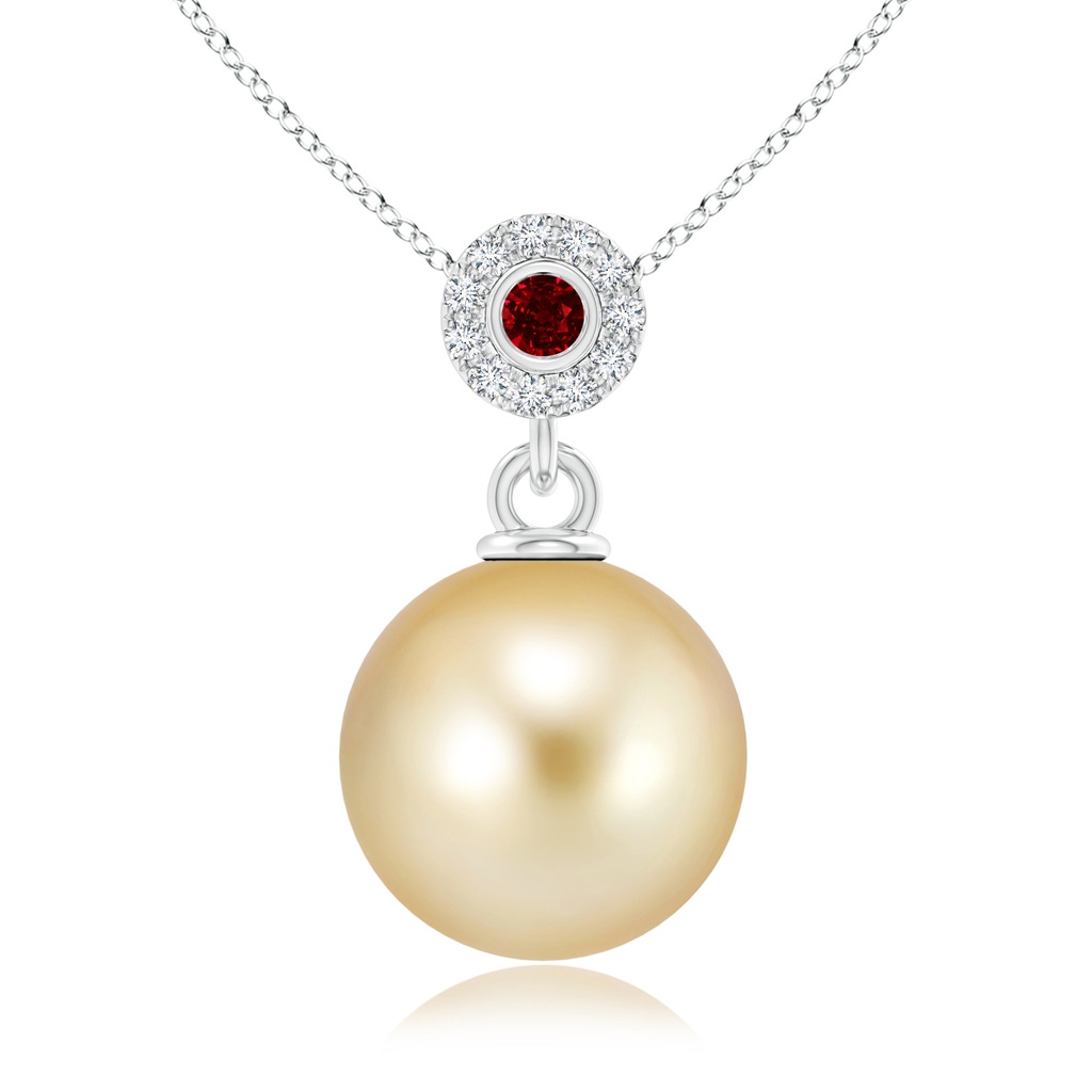 10mm AAAA Golden South Sea Pearl Halo Pendant with Ruby in White Gold