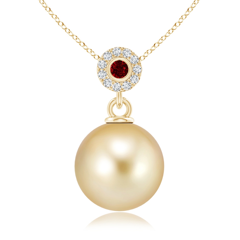 10mm AAAA Golden South Sea Pearl Halo Pendant with Ruby in Yellow Gold 