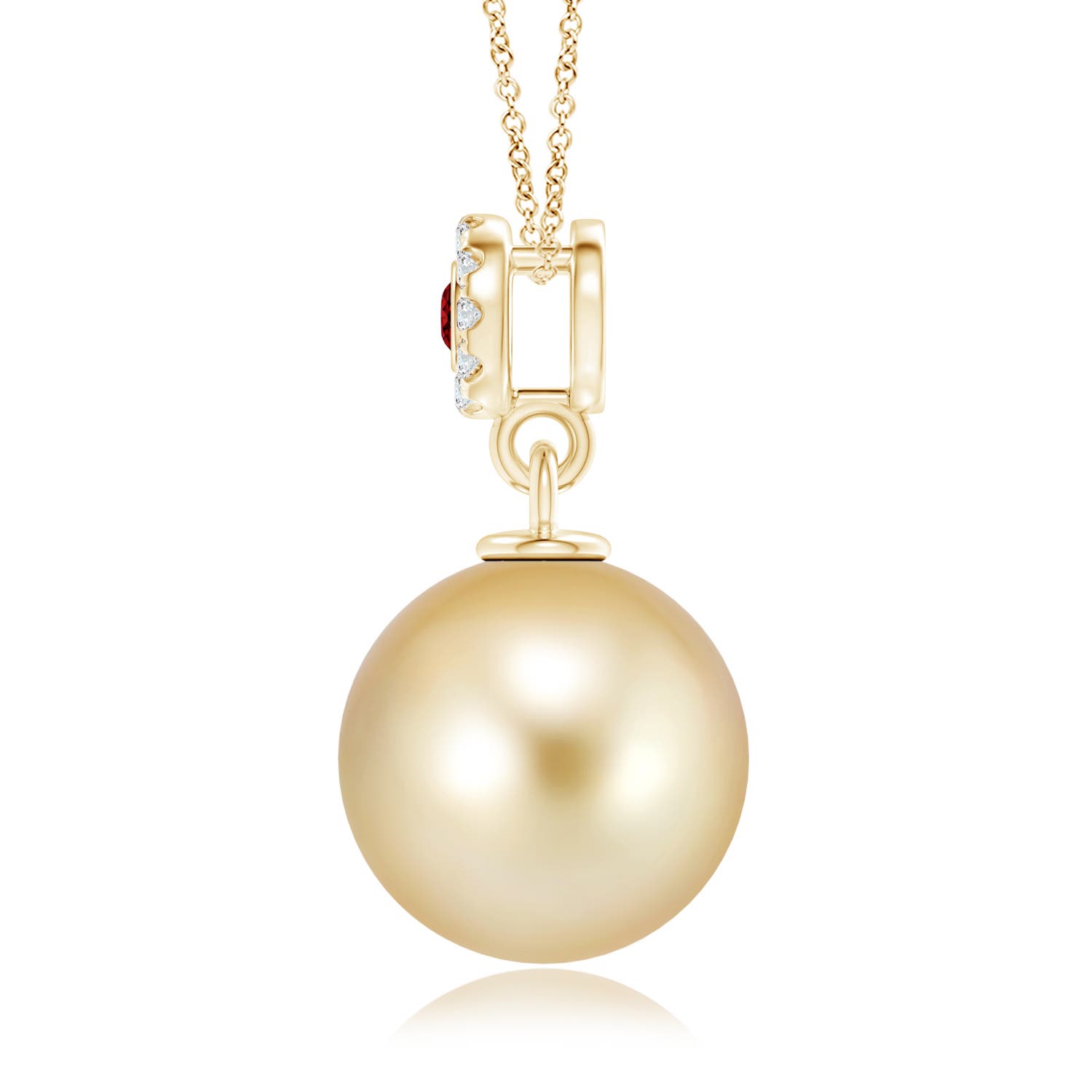 10mm AAAA Golden South Sea Pearl Halo Pendant with Ruby in Yellow Gold - side 1