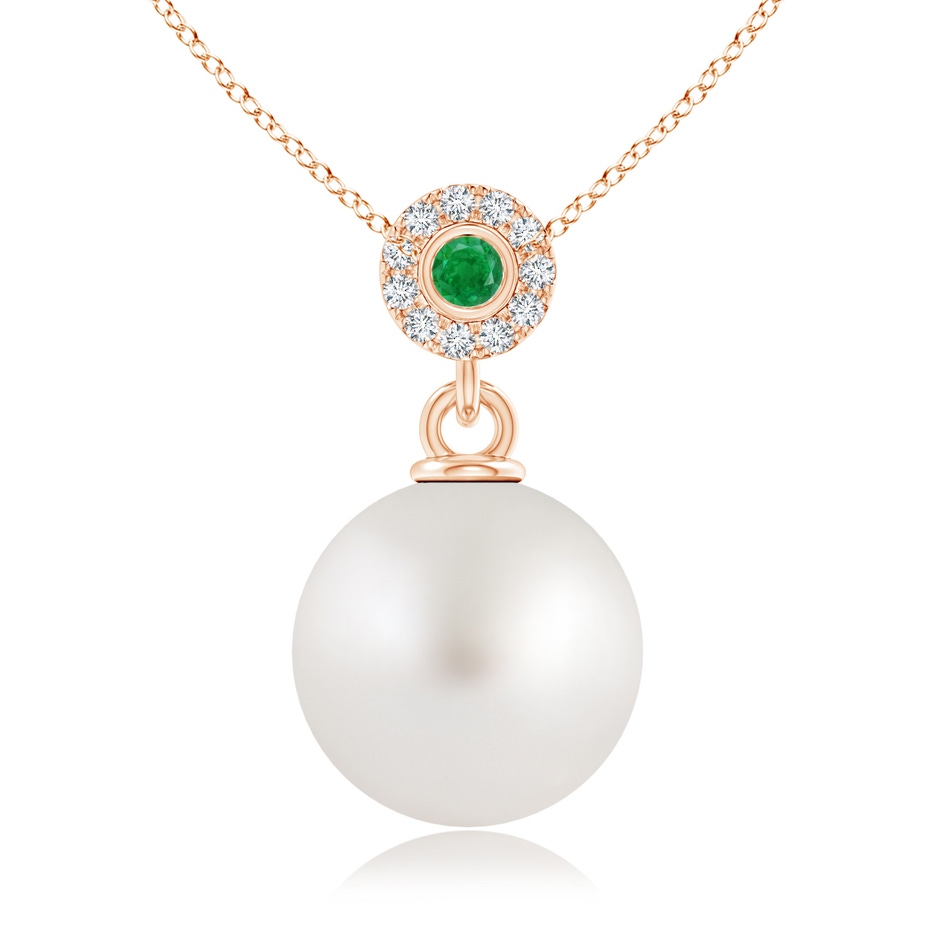 10mm AA South Sea Pearl Halo Pendant with Bezel Emerald in 9K Rose Gold 