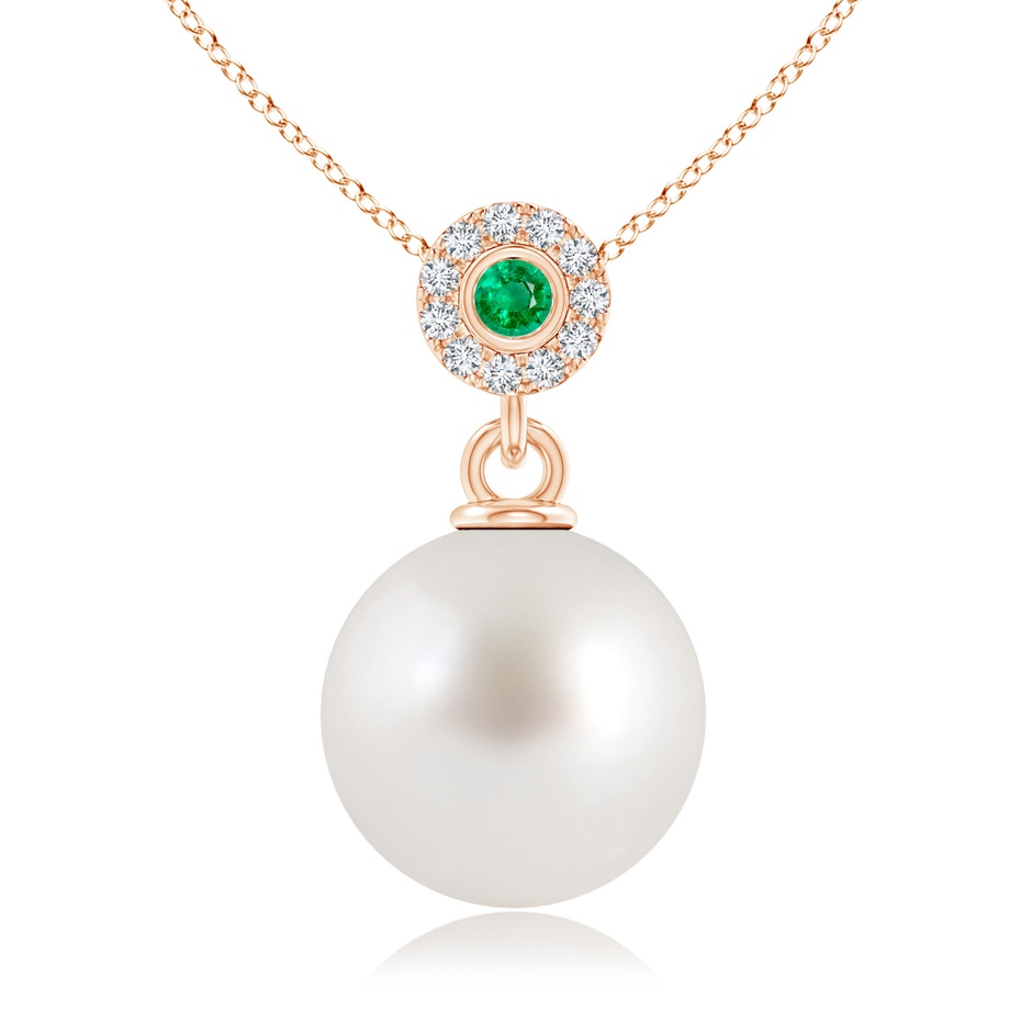 10mm AAA South Sea Pearl Halo Pendant with Bezel Emerald in Rose Gold 