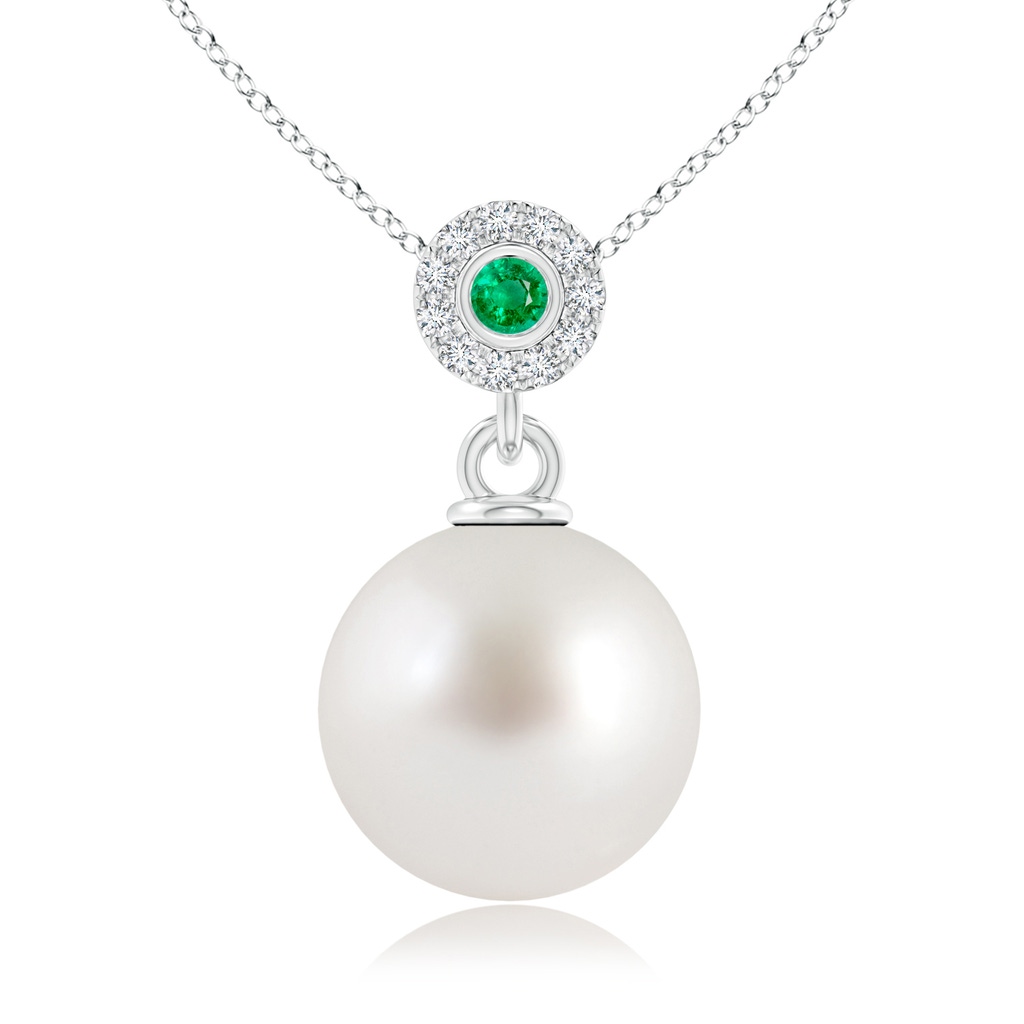 10mm AAA South Sea Pearl Halo Pendant with Bezel Emerald in White Gold