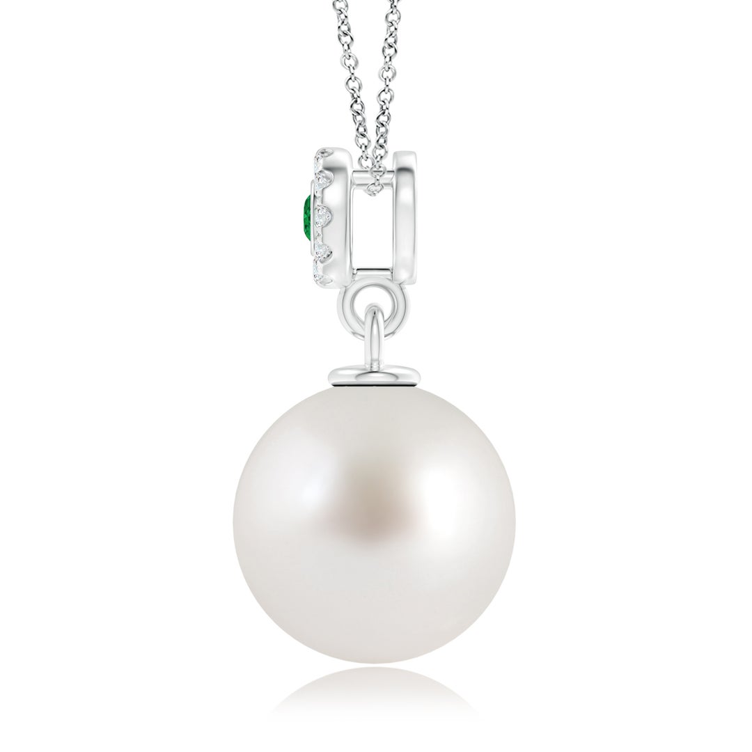 10mm AAA South Sea Pearl Halo Pendant with Bezel Emerald in White Gold - side 1