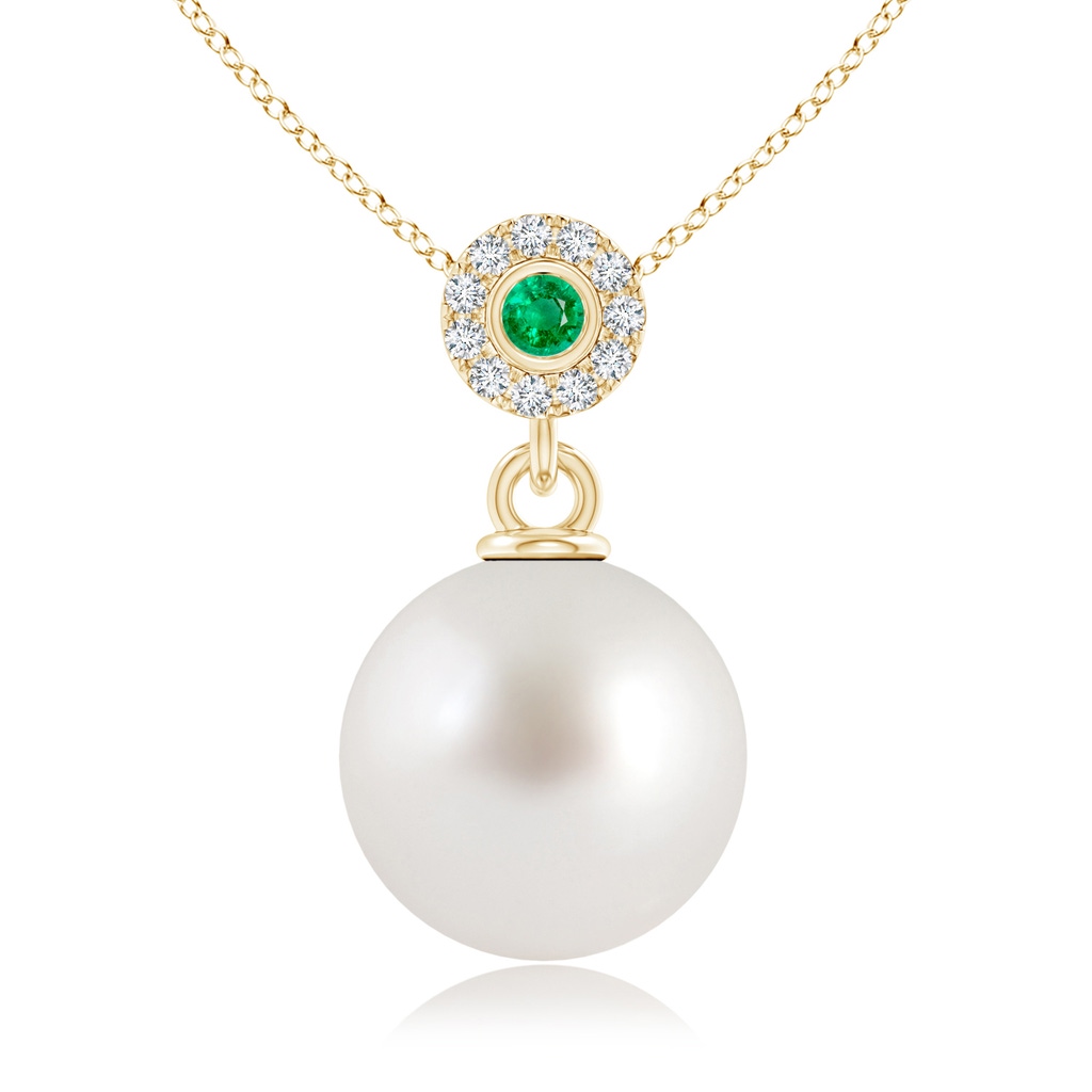 10mm AAA South Sea Pearl Halo Pendant with Bezel Emerald in Yellow Gold