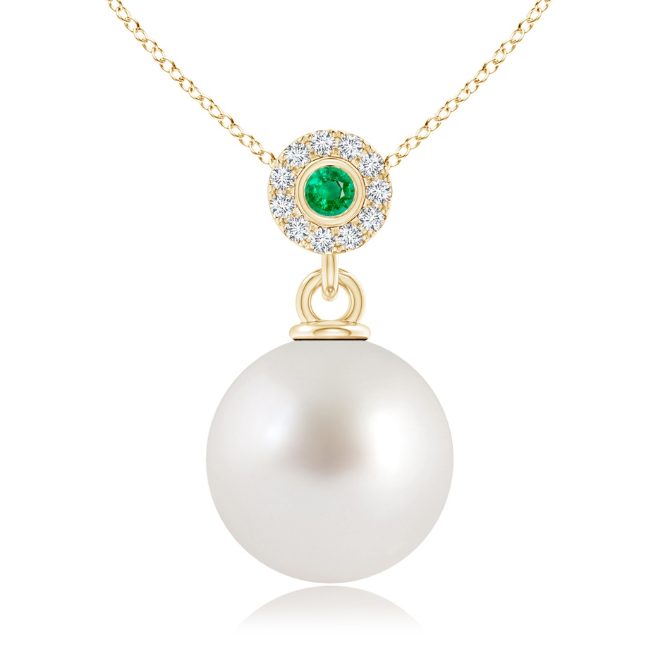 10mm AAA South Sea Pearl Halo Pendant with Bezel Emerald in Yellow Gold 