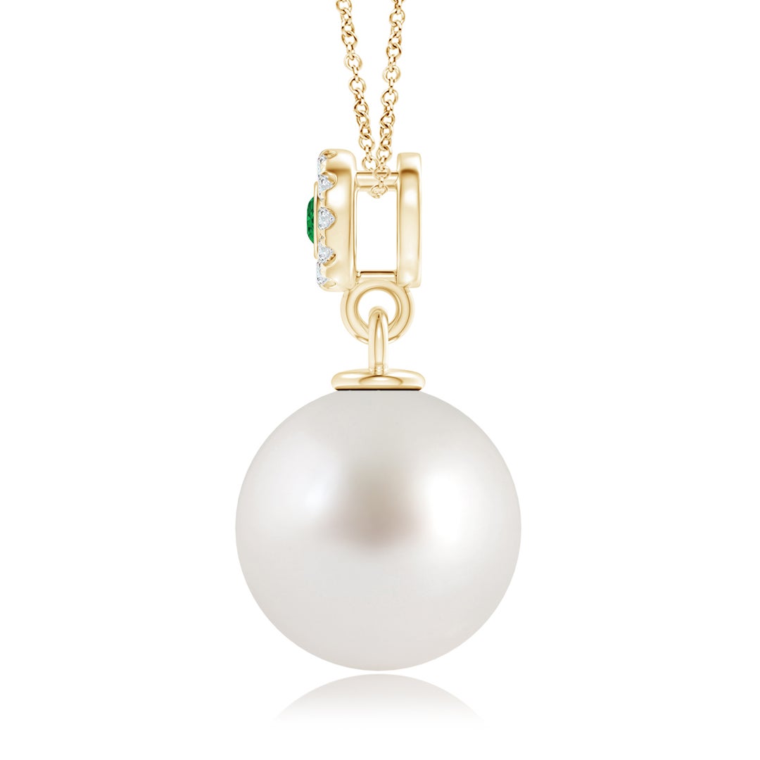10mm AAA South Sea Pearl Halo Pendant with Bezel Emerald in Yellow Gold - side 1