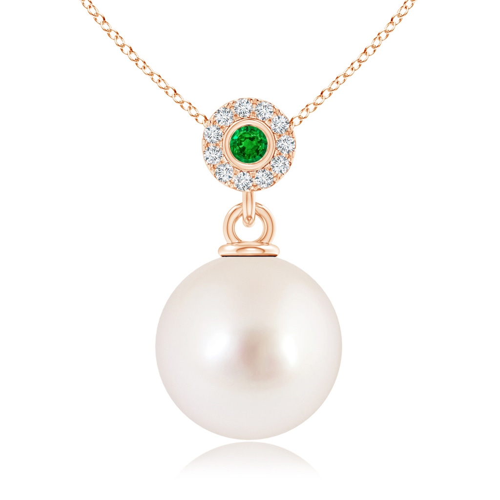 10mm AAAA South Sea Pearl Halo Pendant with Bezel Emerald in Rose Gold