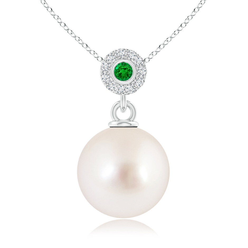 10mm AAAA South Sea Pearl Halo Pendant with Bezel Emerald in White Gold 