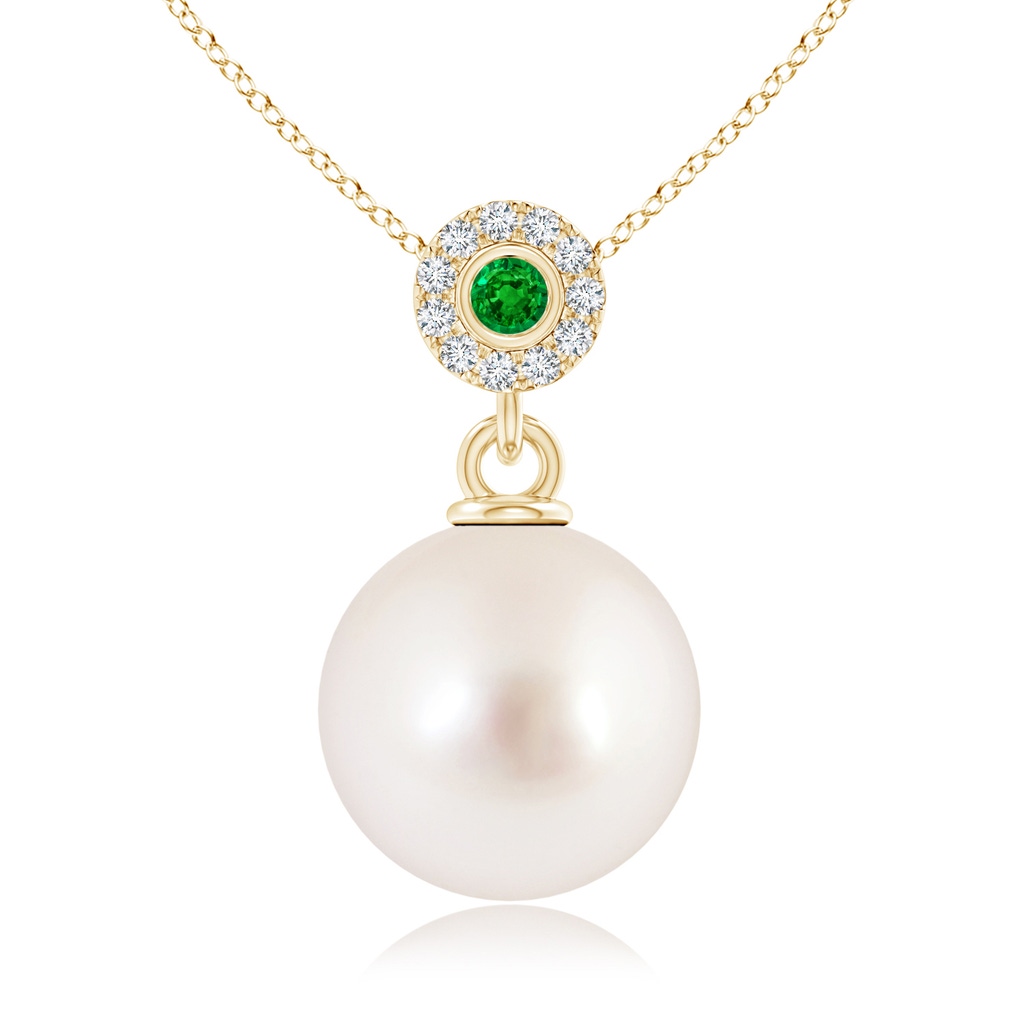 10mm AAAA South Sea Pearl Halo Pendant with Bezel Emerald in Yellow Gold