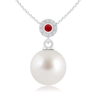 10mm AAA South Sea Pearl Halo Pendant with Bezel Ruby in White Gold