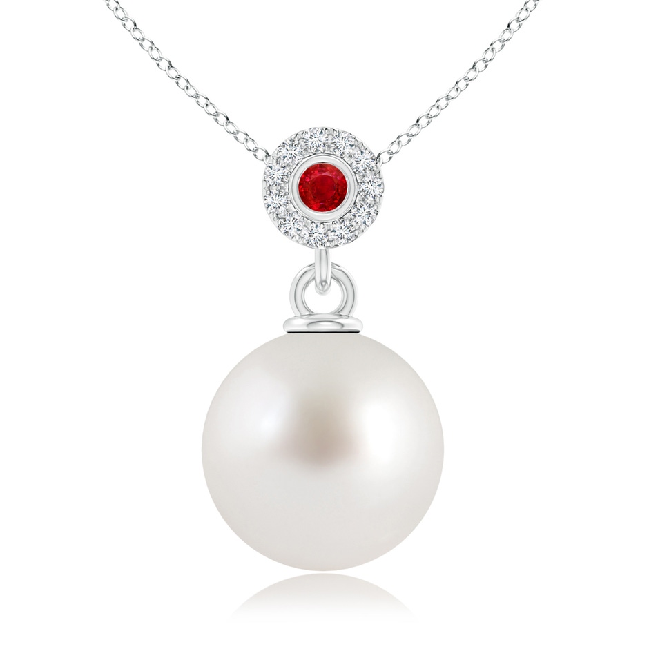 10mm AAA South Sea Pearl Halo Pendant with Bezel Ruby in White Gold 