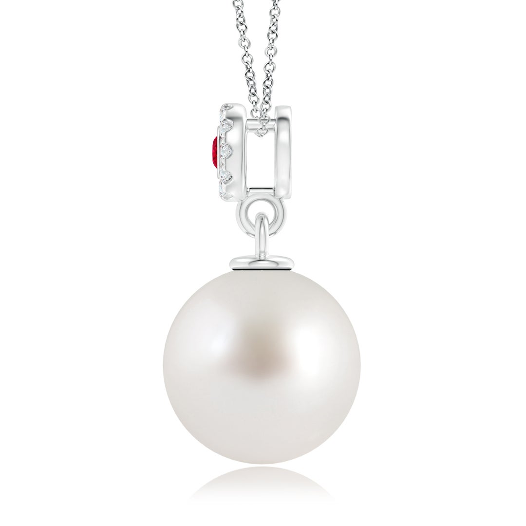 10mm AAA South Sea Pearl Halo Pendant with Bezel Ruby in White Gold - side 1