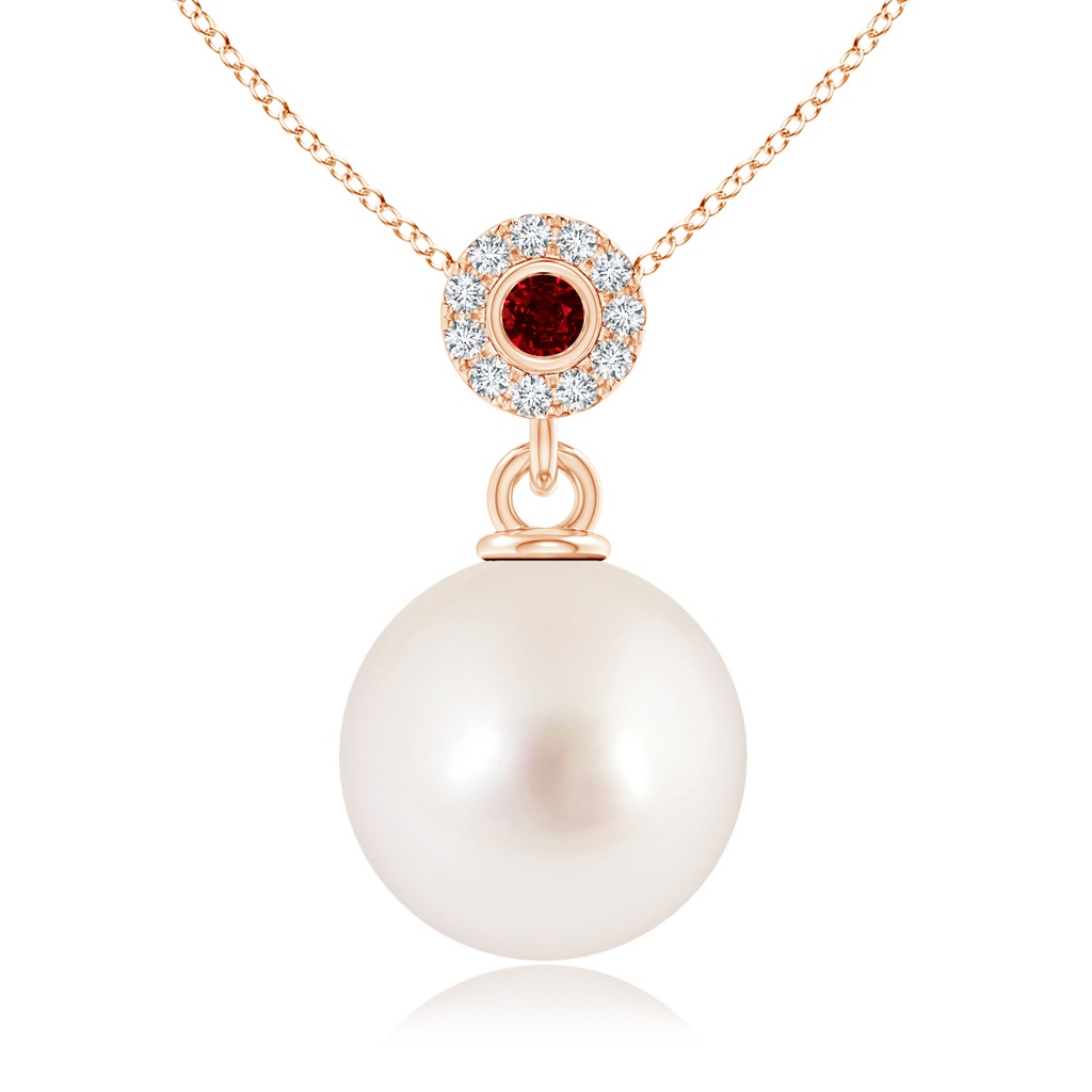 10mm AAAA South Sea Pearl Halo Pendant with Bezel Ruby in Rose Gold