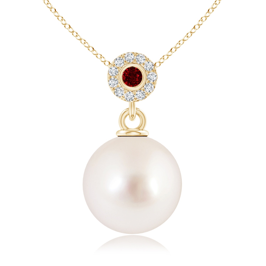 10mm AAAA South Sea Pearl Halo Pendant with Bezel Ruby in Yellow Gold