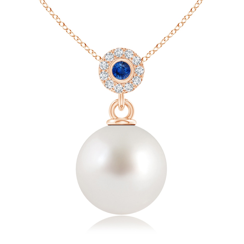 10mm AAA South Sea Pearl Halo Pendant with Bezel Sapphire in Rose Gold 