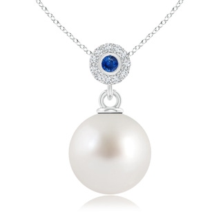 10mm AAA South Sea Pearl Halo Pendant with Bezel Sapphire in White Gold