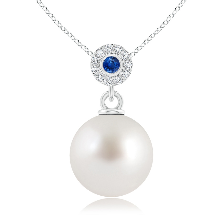 10mm AAA South Sea Pearl Halo Pendant with Bezel Sapphire in White Gold 