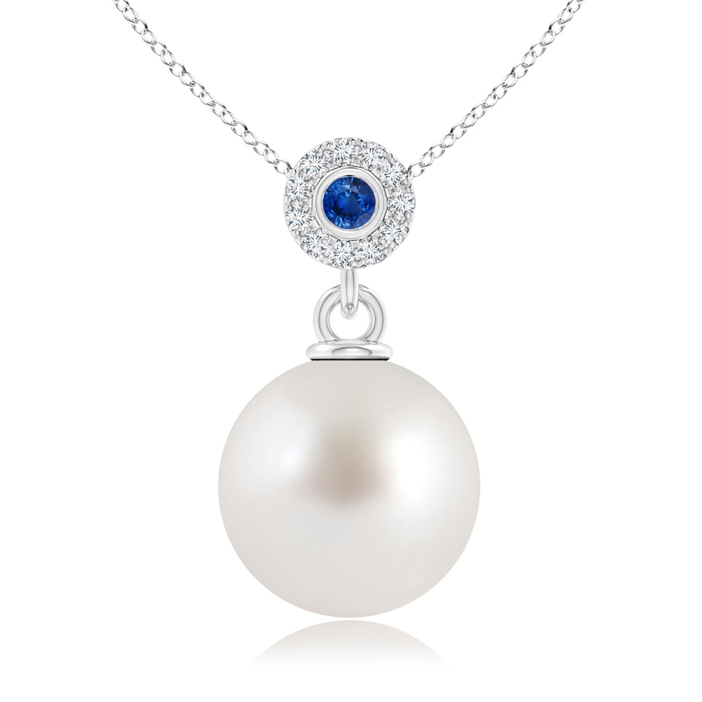 10mm AAA South Sea Pearl Halo Pendant with Bezel Sapphire in White Gold