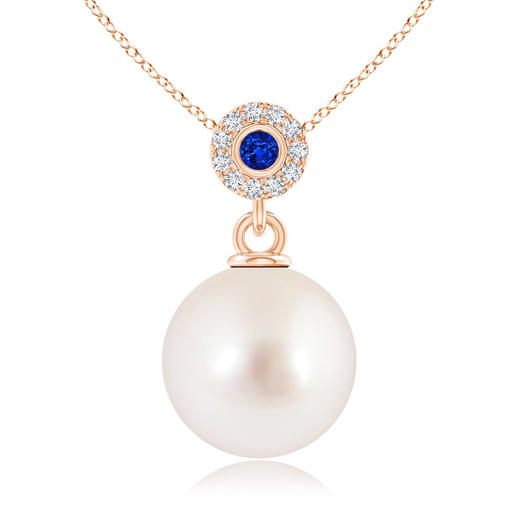 10mm AAAA South Sea Pearl Halo Pendant with Bezel Sapphire in Rose Gold