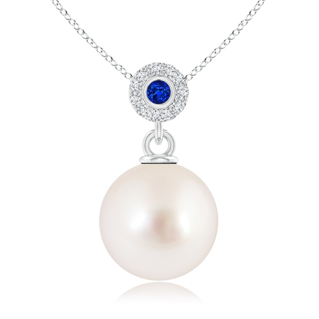 10mm AAAA South Sea Pearl Halo Pendant with Bezel Sapphire in White Gold