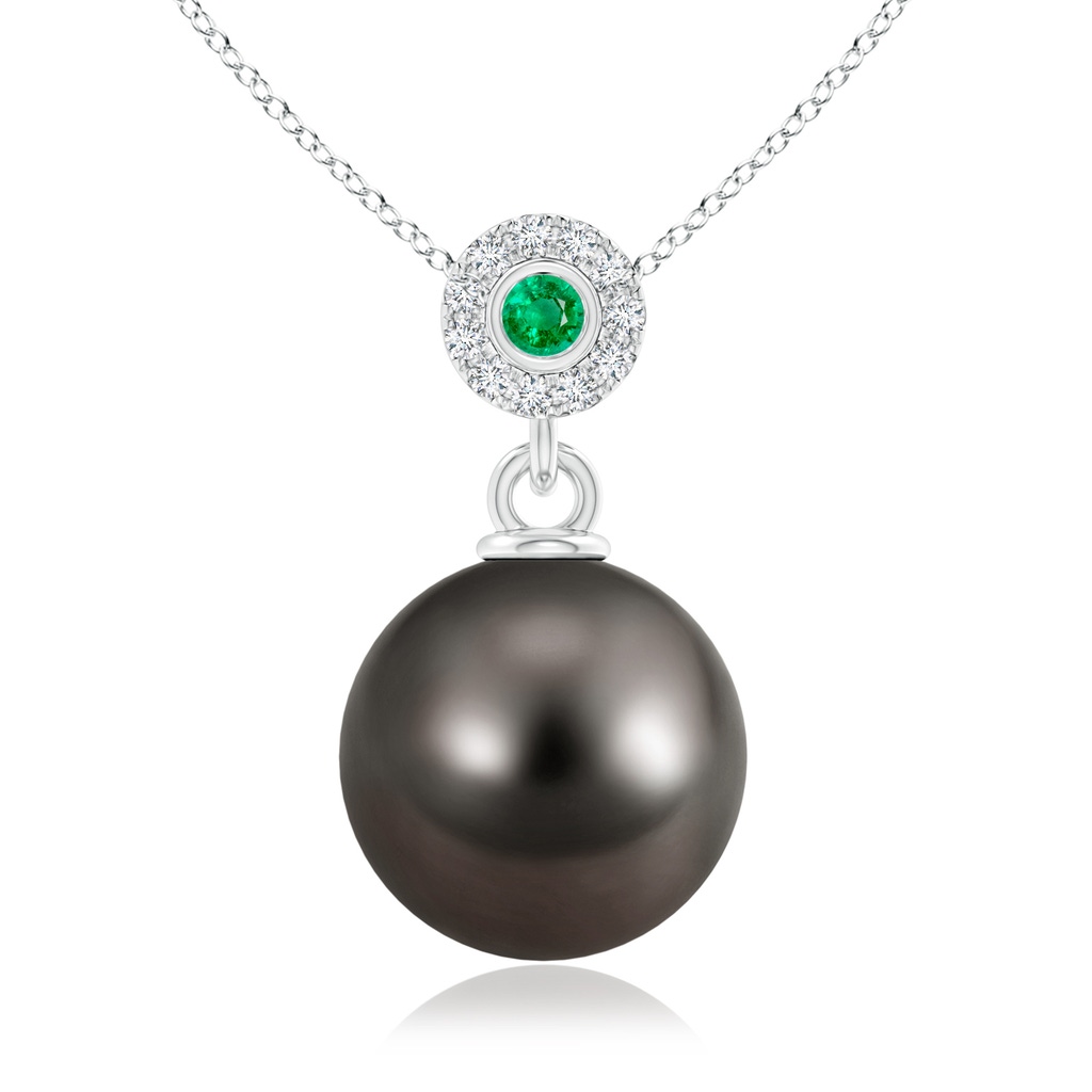 10mm AAA Tahitian Cultured Pearl Halo Pendant with Bezel Emerald in White Gold 
