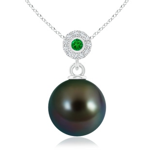 10mm AAAA Tahitian Cultured Pearl Halo Pendant with Bezel Emerald in White Gold