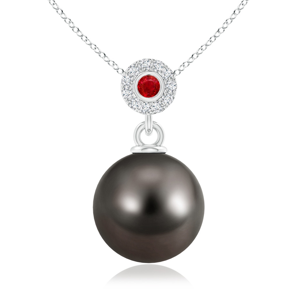 10mm AAA Tahitian Pearl Halo Pendant with Bezel Ruby in White Gold 