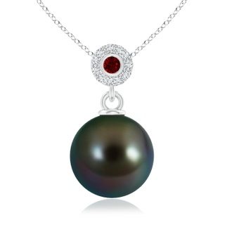 10mm AAAA Tahitian Pearl Halo Pendant with Bezel Ruby in White Gold
