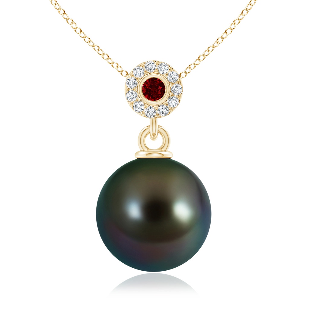 10mm AAAA Tahitian Pearl Halo Pendant with Bezel Ruby in Yellow Gold