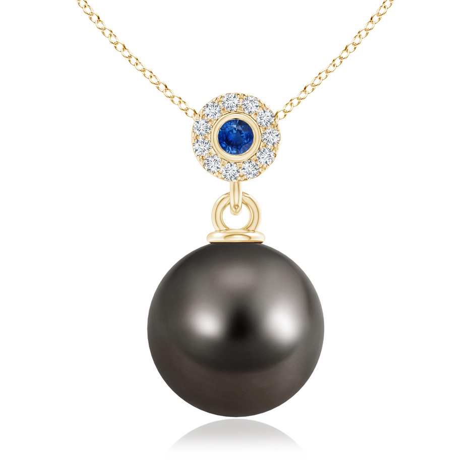 10mm AAA Tahitian Pearl Halo Pendant with Bezel Sapphire in Yellow Gold 